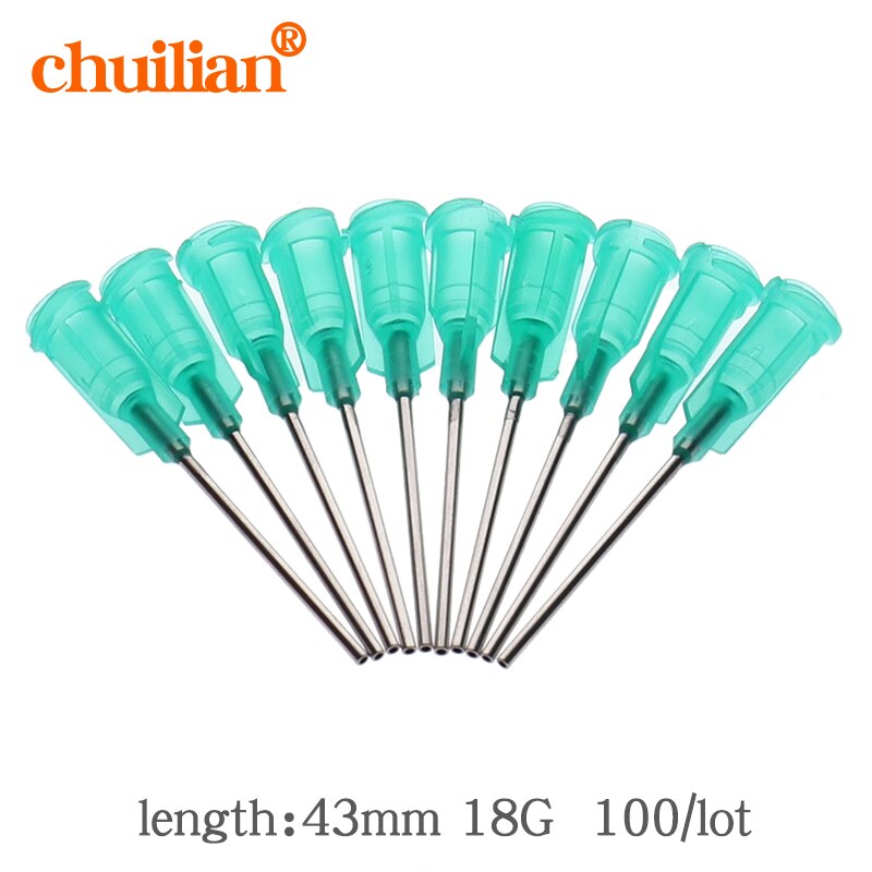 100 unids/lote 18G X 43mm precisión pasivada S.S. Punta dispensadora con PP Safetylok hub, agujas dispensadoras de pegamento