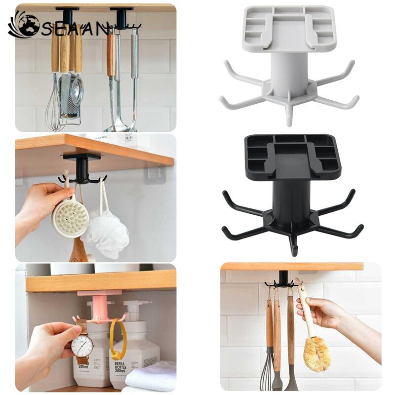 360° kitchen Rotating storage hook Punch-free wall storage rack shelf bathroom hanger spatula spoon Cookware utensils organizer