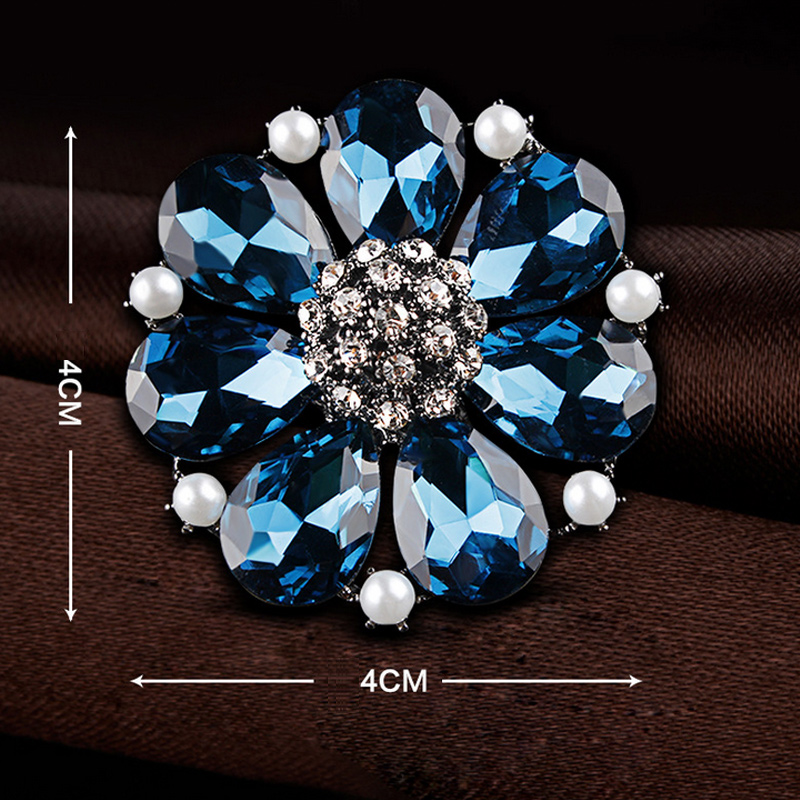 Blue Glass Crystal Bauhinia Flower Brooch Pins for Sweater