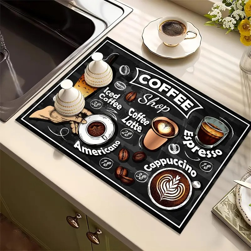 Kreative Küchen-Trockenmatte mit Kaffeedruck, weiches Gummi, rutschfest, saugfähig, schmutzabweisend, Matten für Kaffeebar, Arbeitsplatten, Geschirrmatte