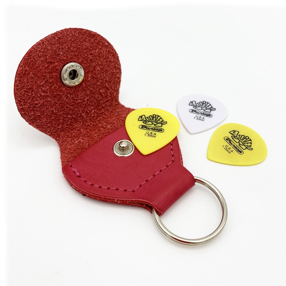 3 Dunlop Picks + 1 Keychain Guitar Pick Holder Package Mediator Bank Made of Leather Guitar Accessories: Red