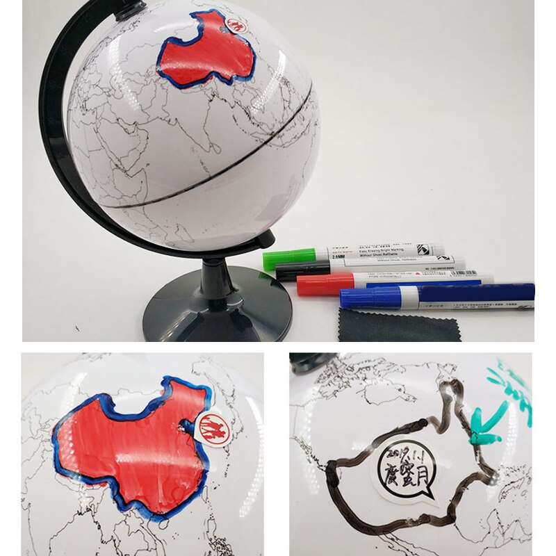 Paintable and Erasable Globe Model Plastic Erasing World Map Drawing Tellurian DIY Teaching Implement with 4 Brush