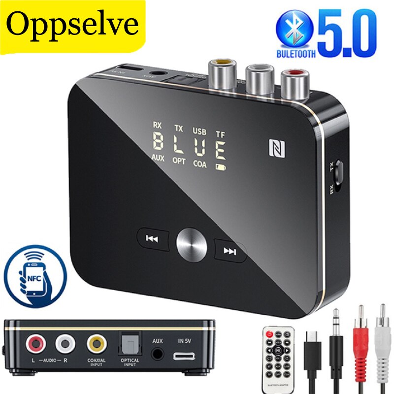 Bluetooth 5.0- empfänger, fm-stereo, 3.5mm aux-klinkenbuchsen, rca-optischer dongle, drahtloser sender für tv, pc, kopfhörer, nfc-audioadapter