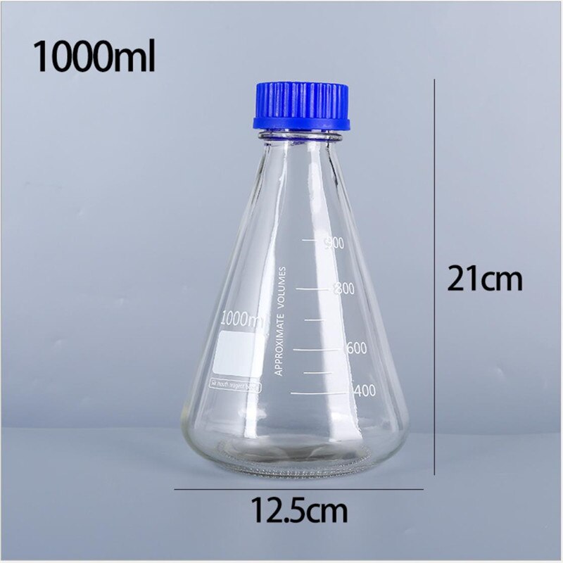 1Piece 500ml 1000ml Chemistry Use Thicken Glass Conical Flask, Erlenmeyer Flask, Triangle Glass Bottle with Blue Screw Cap
