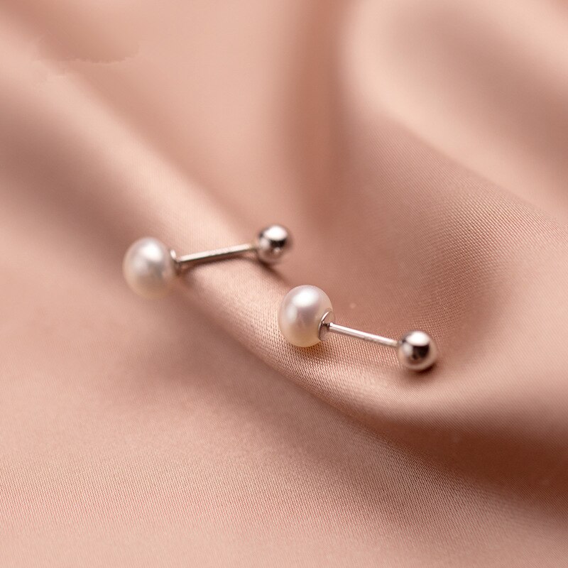 White Freshwater Pearl Screw Back Stud Earrings 925 Sterling Silver For Women Girls Kids Piercing Jewelry