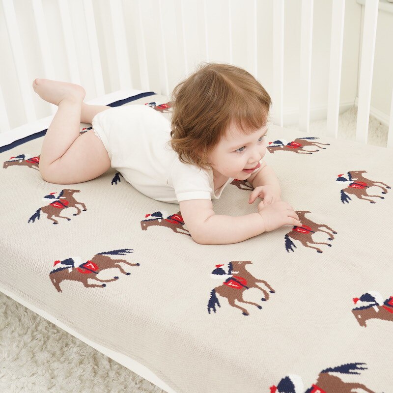 90 x 110cm mjuk bomullsstickad hästmönster tjock babyfilt barn baksätesöverdrag filt baby deken toddler sängkläder täcke