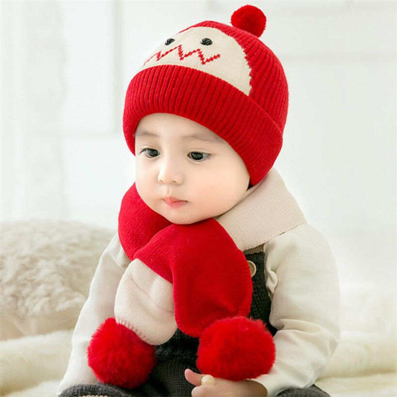Børn vinter varm hat og tørklæde barn kort plys indre søde hat 2 stykke sæt baby ørebeskyttelseshætte med pom pom tørklæder