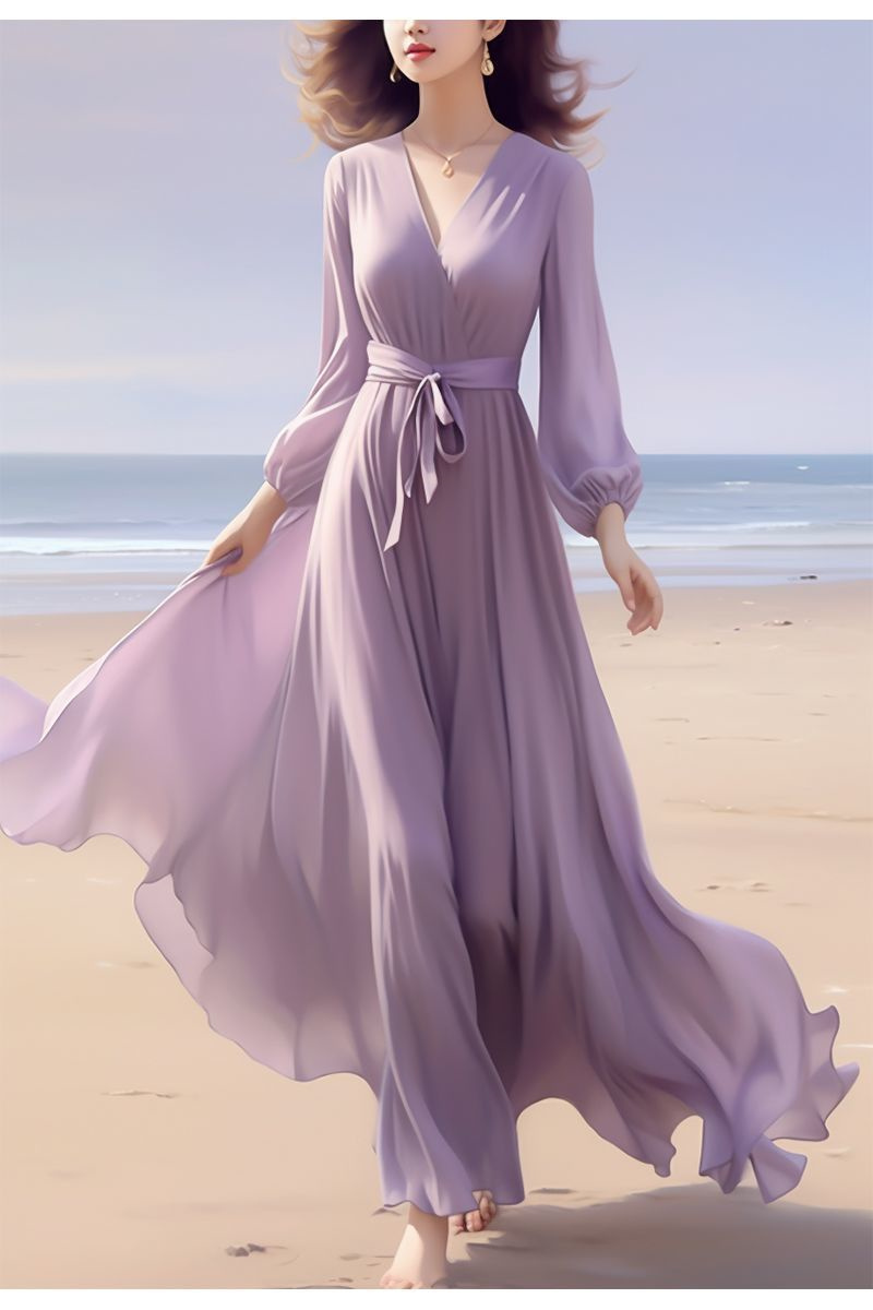 Women High-end Dress Chiffon Dress Seaside Vacation Waist Cinching Fairy Long Dress Spring Long Sleeve Dresses Female Lace-Up Dr