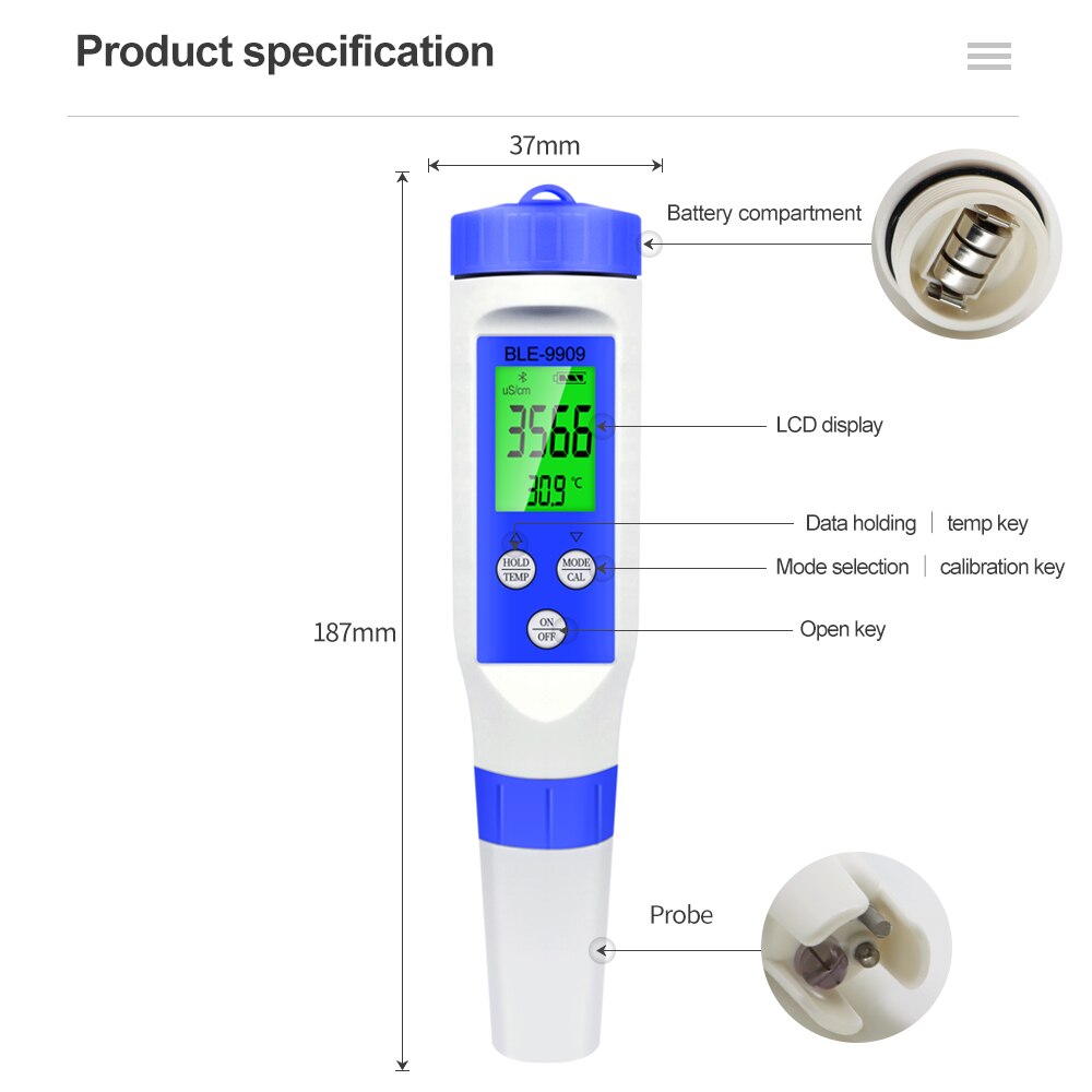 Medidor de análisis de agua con Control por aplicación, Detector de de agua potable, PH/TDS/EC/salinidad/TEMP Pen, para laboratorio, piscina y Acuario