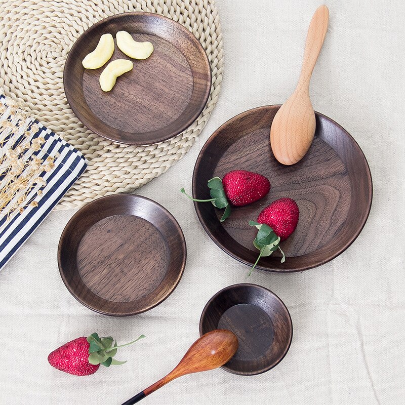 Platos de madera de nogal negro, platos de frutas, platillo, bandeja de té, plato de postre, platos de madera