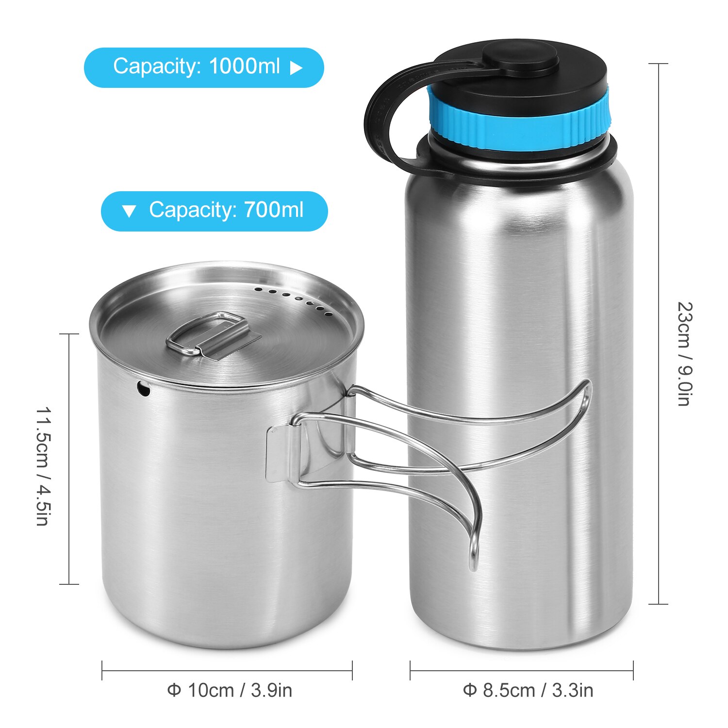 1000ml Vacuum Insulated Water Bottle 700ml Water Cup Camping Mug Hanging Pot for Tableware Outdoor Camping Hiking Picnic: set A