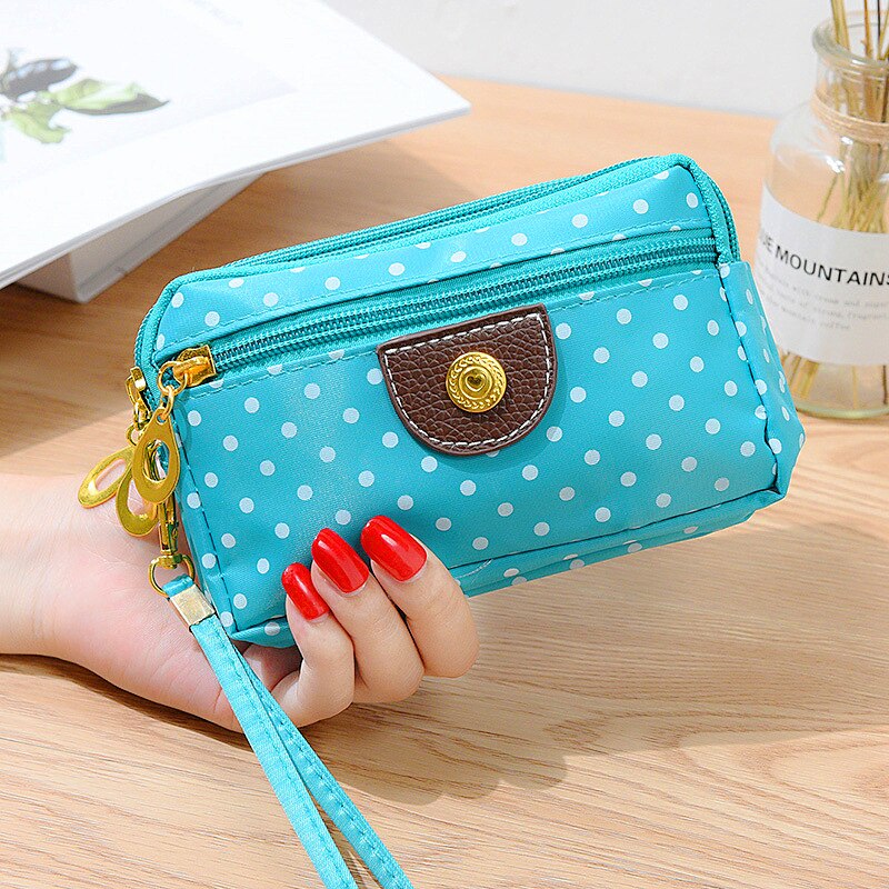 Women Wallet Cute Dot Canvas Three Zipper Multi-layer Fabric Mobile Phone Bag Female Clutch Pouch: Aqua Blue