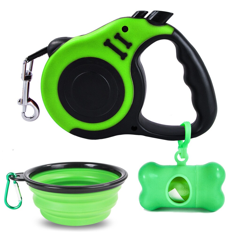 5M Retractable Dog Leash with Dog Waste Bag Dispenser &amp; Bags Dog Bowl Heavy Duty Walking Leash For Dogs Pet Puppy Leash Kit: Green kit 1