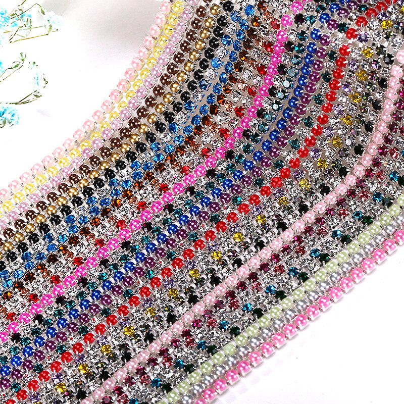 2Mm Crystal Pearl Rhinestone Chain Silver Base Cup Parel Ketting Voor Naaien Diy Kledingstuk Accessoires Trim