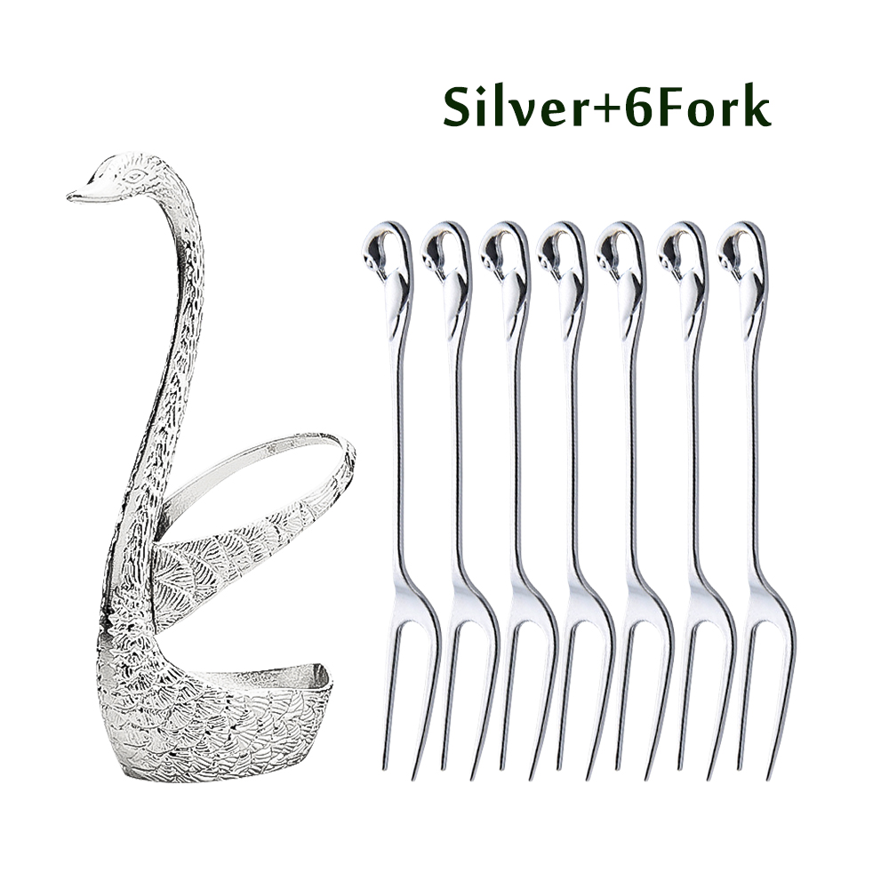 7Pcs Swan Fruit Base Holder Forks Set Stainless Steel Salad Dessert Forks Coffee Spoon Cake Tableware Zero Waste Talher Flatware: E