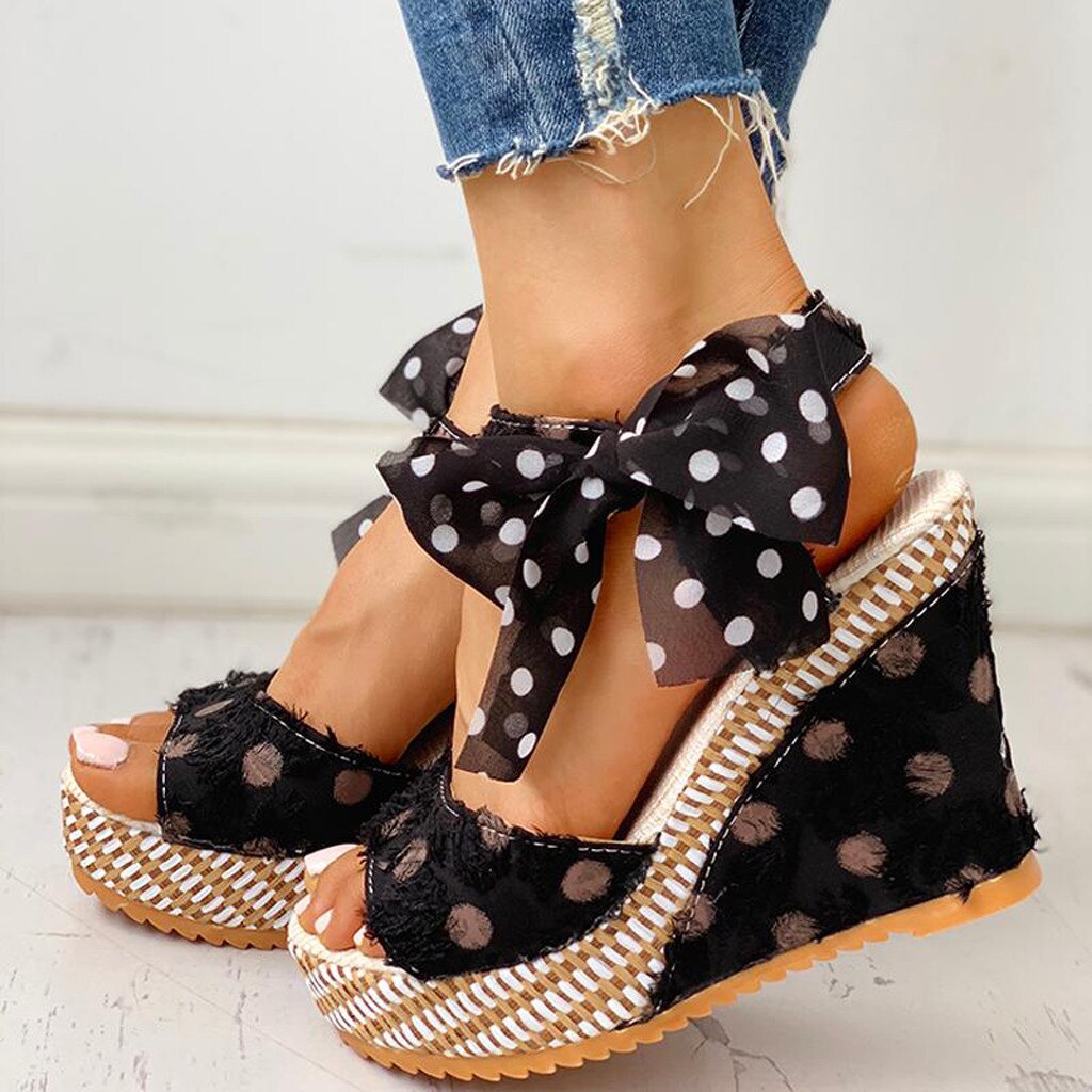 Dames zomer sandalen schoenen plateau wedges hak sandalen stippen veterschoenen schoenen damesschoenen  #317: Bk / 40