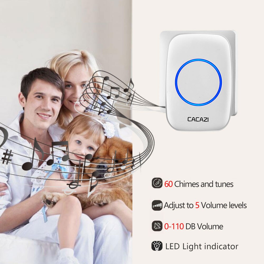 CACAZI Waterproof Wireless Doorbell DC Battery-operated 60 Chimes 5 Volume Home Cordless Door Ring Bell 1 Button 4 Receiver