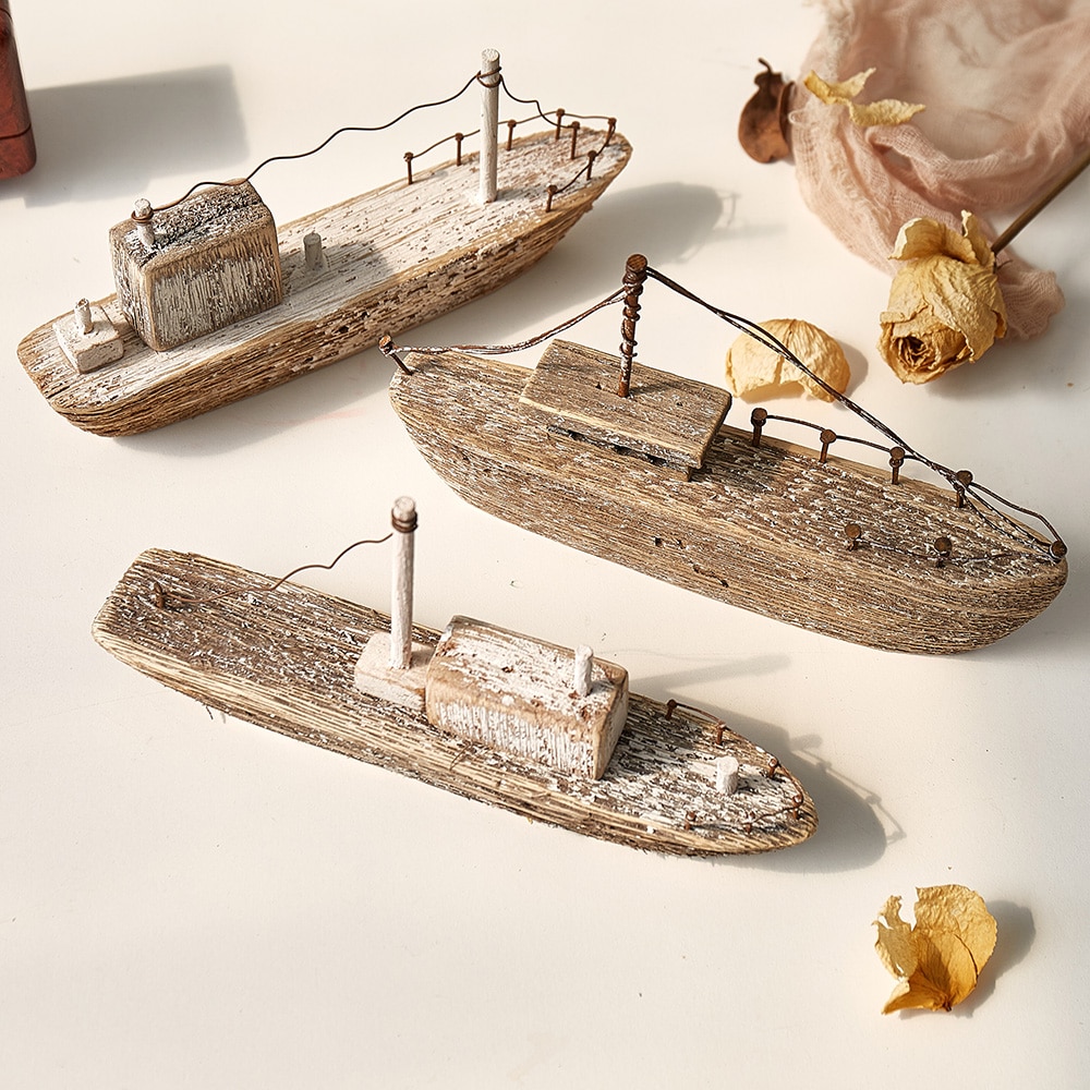 Wooden Ship Model Modern Home Decoration Iron Retro Sailboat Figurines Office Desk Decorative Birthday Christmas