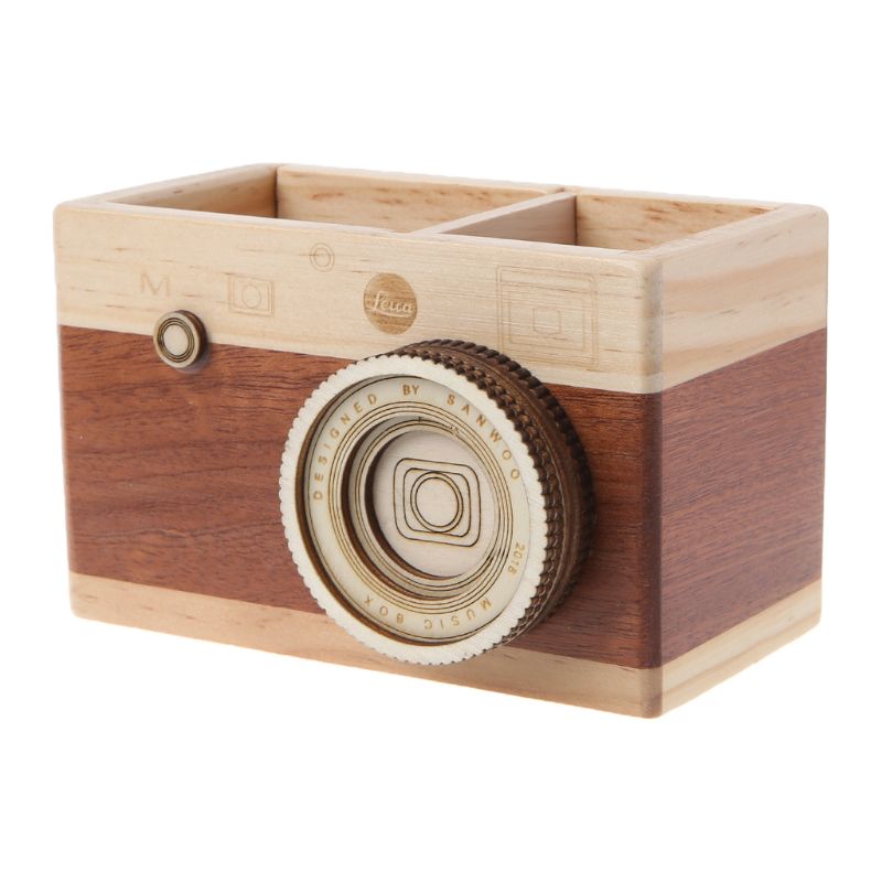 Camera Shaped Wooden Pen Pencil Case Holder Stand Desktop Sundries Storage Wood Box: L