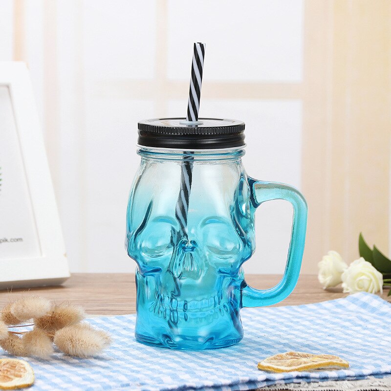 Verre avec couvercle et paille pour tête de mort, pot de maçon à large bouche, gobelet de 16oz: Blue