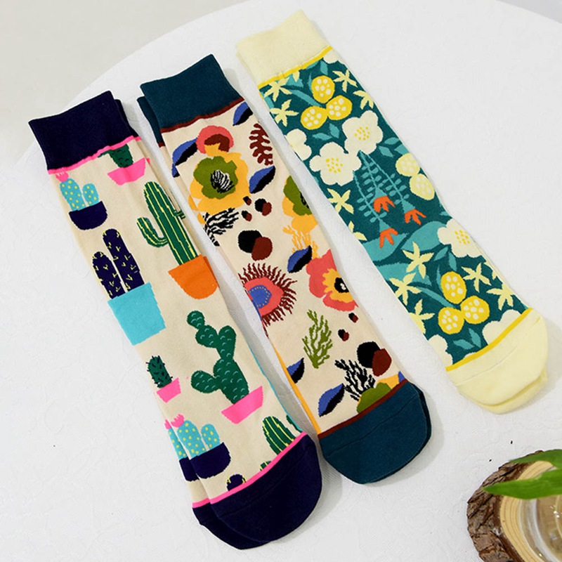 3 Paare/satz Lange Rohr Baumwolle Socken Schweiß-absorbent Casual Sport Socken Pflanze kaktus socken Für Frauen Dame One Size socken