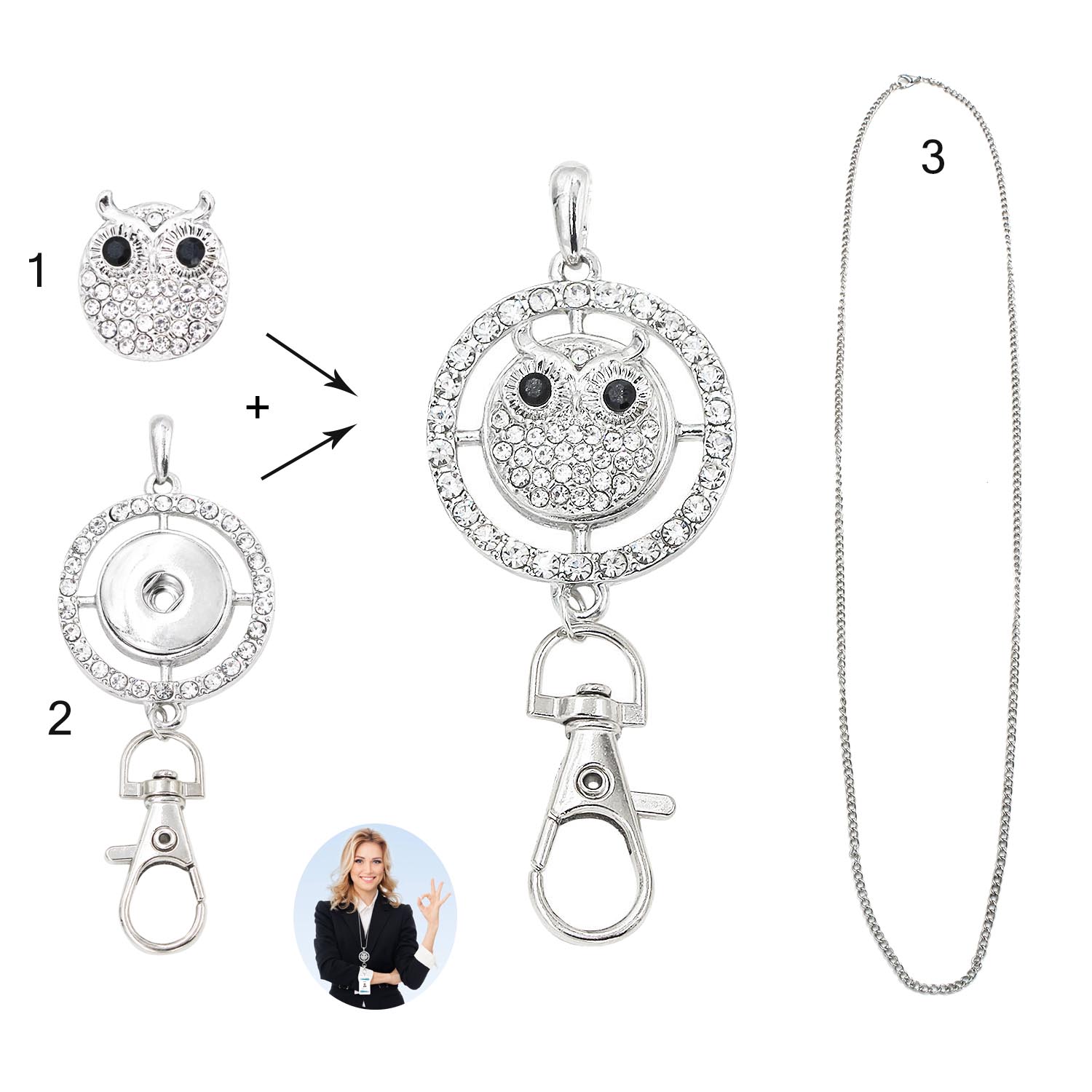 Idclip Schlüsselband Halfter Ich würde Abzeichen Eule schnappen Schmuck Rosa Reize Anhänger Clip Bling Halskette Frauen Büro zubehör: LA18
