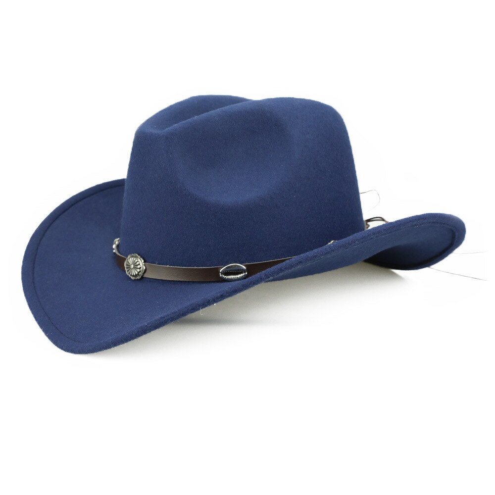 Uldfilt kvinder mænd vestlig cowboyhue med brede rand punk læder bælte jazz cap størrelse 57-58cm b88: 5