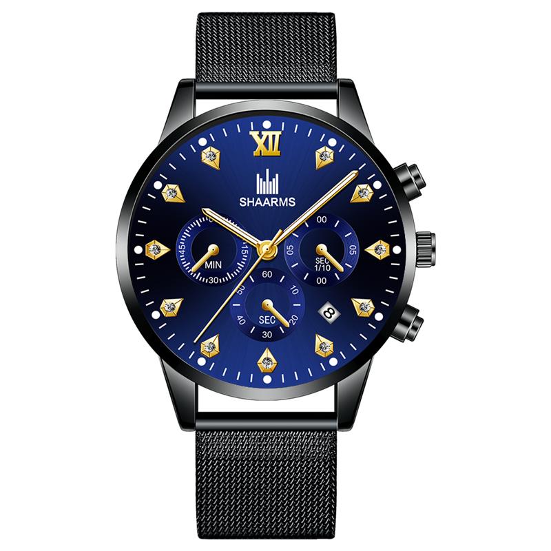SHAARMS Men's Wristwatch Blue DialCasual Quartz Watch Stainless Steel Mesh Band Watch Date Clock Reloj Hombre: Blue Gold