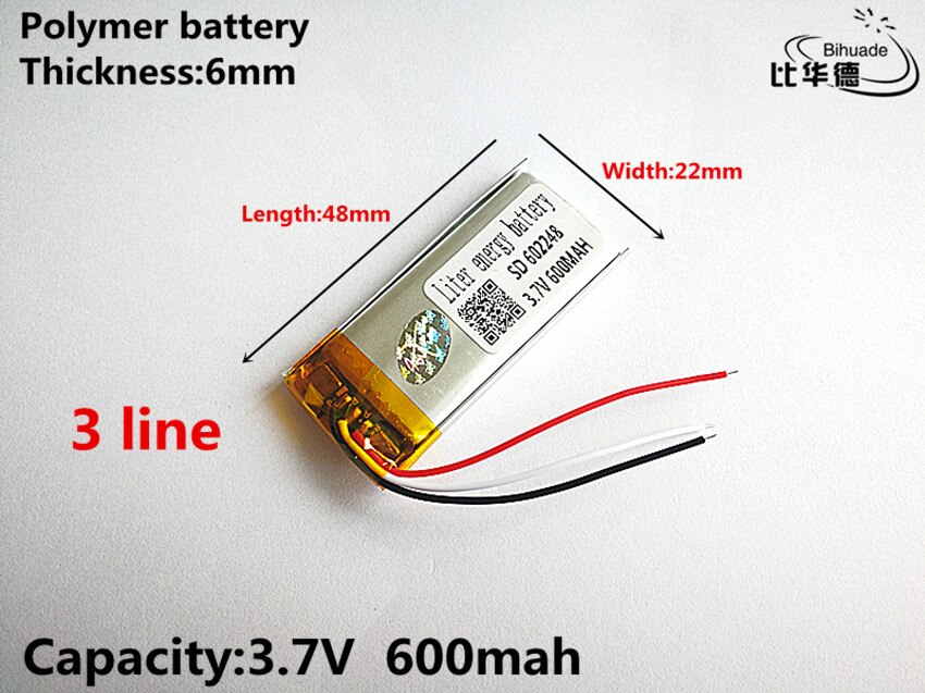 5pcs/lot 3 line Good Qulity 3.7V,600mAH,602248 Polymer lithium ion / Li-ion battery for TOY,POWER BANK,GPS,mp3,mp4