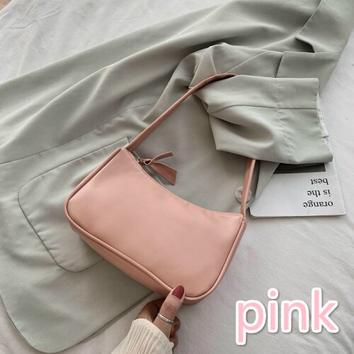 Soft PU Leather Women Purple Underarm Bag Retro Solid Color Ladies Baguette Handbags Girls Small Shoulder Bags: Pink