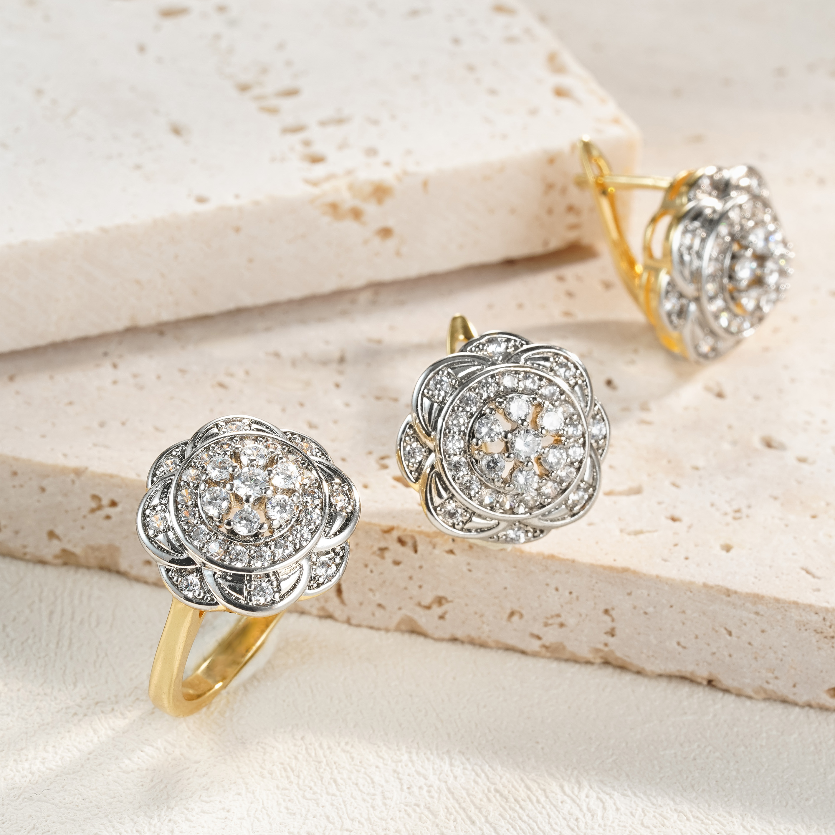 Rose ingelegde vermiculitis set ring oorbellen Koper verkoperd 14K gouden mode-sieraden festival dagelijkse accessoires