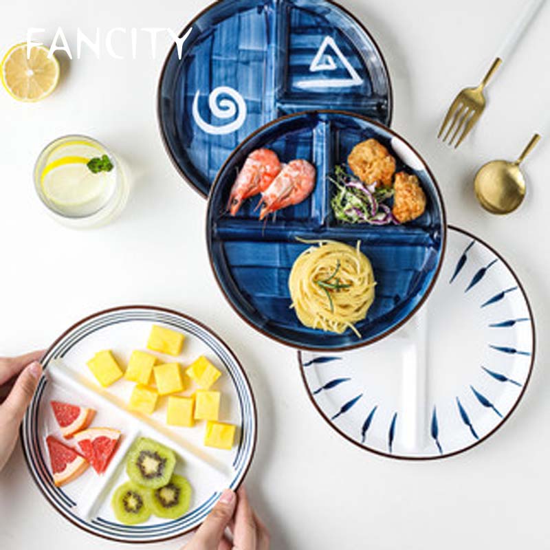FANCITY Japanese-style ceramic sub-divided dinner plate, household children's three-compartment sub-plate, breakfast plate for o