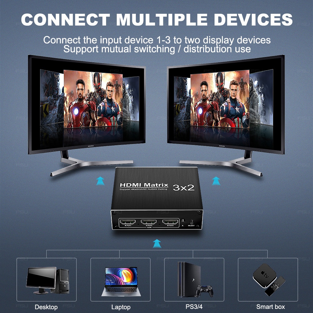 HDMI Matrix switch 2.0 adapter 4K HDR ARC 3 in 2 out HDMI Splitter converter IR control adapter for notebook Ps4 PC projector TV