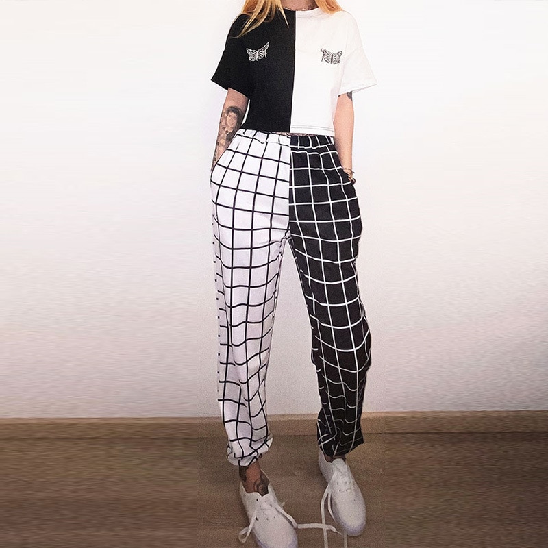 Herfst Vrouwen Broek Mode Streetwear Zwart-wit Plaid Print Losse Elastieken Taille Harembroek