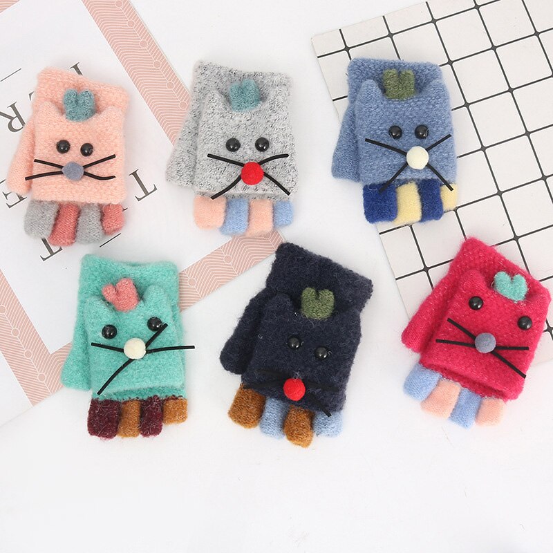 Kids Winter Warm Handschoenen Baby Wanten Leuke Cartoon Vingerloze Handschoenen Gebreide Flip Half Vinger Wanten Jongens Meisjes Kerstcadeaus