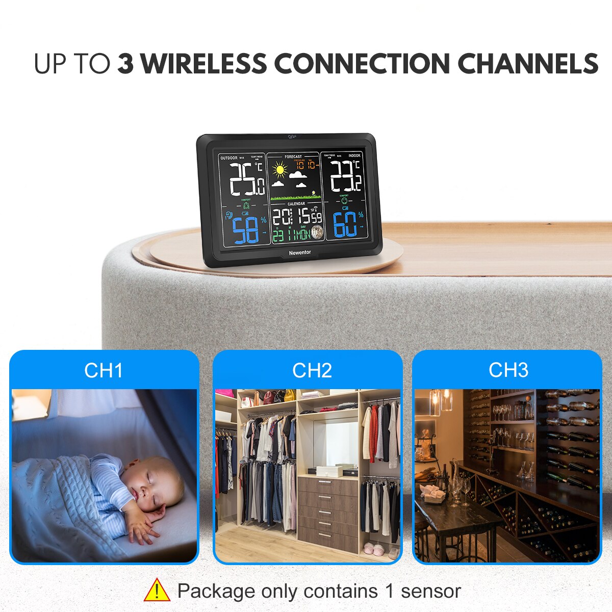 Newentor Weather Station With Sensor Indoor Outdoor Wireless Temperature Humidity Sensor Radio Clock Weather Forecast Calendars