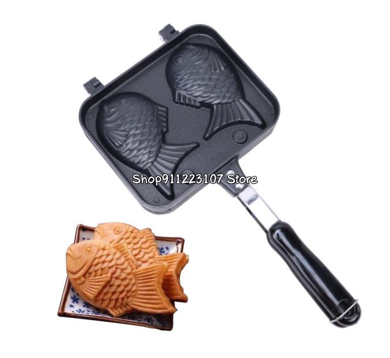 Stampo Doppio Per Taiyaki Hovico: Padella Antiaderente Per Pancake E Waffle A Forma Di Pesce, Misura 18x14,5 Cm, Manico Termoisolante