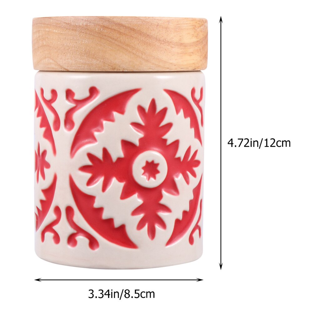 Ceramic Grain Canister Food Kitchen Sealed Storage Container Empty Storage Jar Dried Fruit Jar with Wooden Lid (Red)