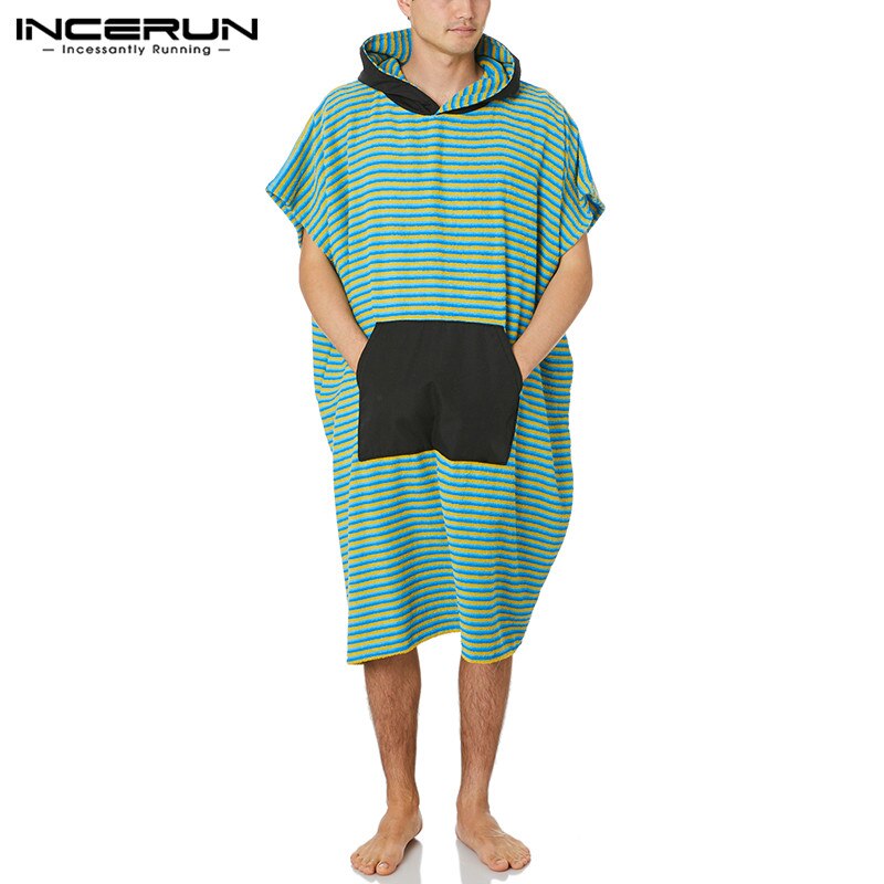 INCERUN Men Striped Patchwork Robes Hooded Sleepwear Short Sleeve Loose Bathrobes Pockets Nightgown Cozy Mens Homewear S-5XL