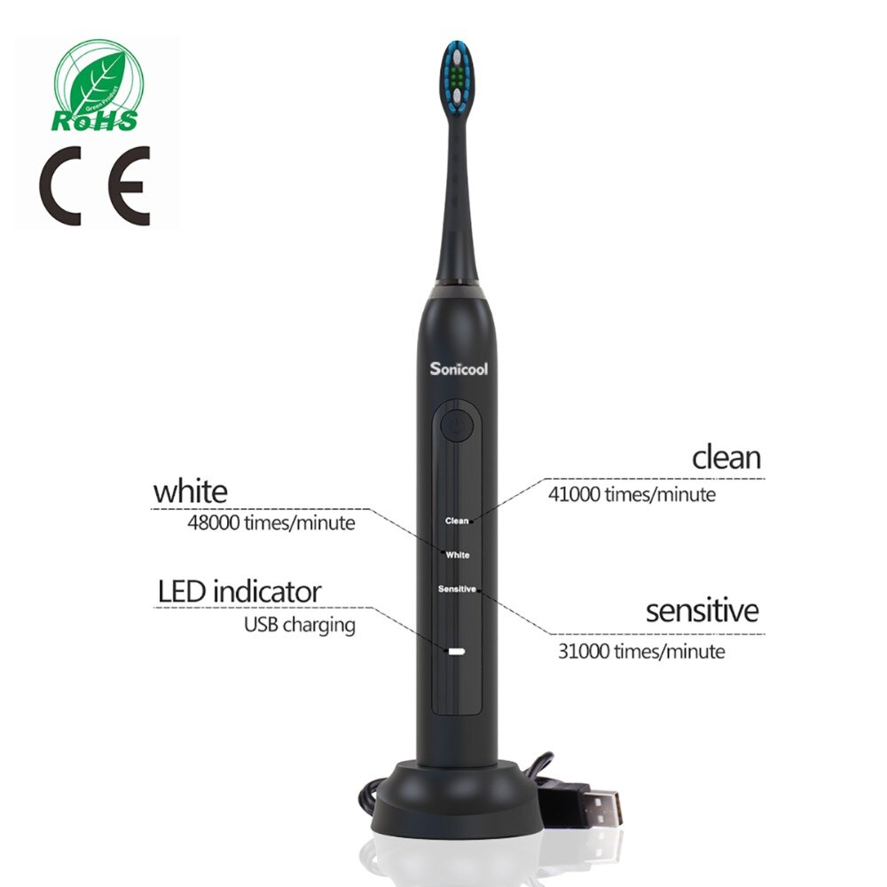 Sonicool 051B Ultrasonic Sonic Electric Toothbrush USB Rechargeable Tooth Brushes With 4 Pcs DuPont Brush Heads Tooth Cleaning