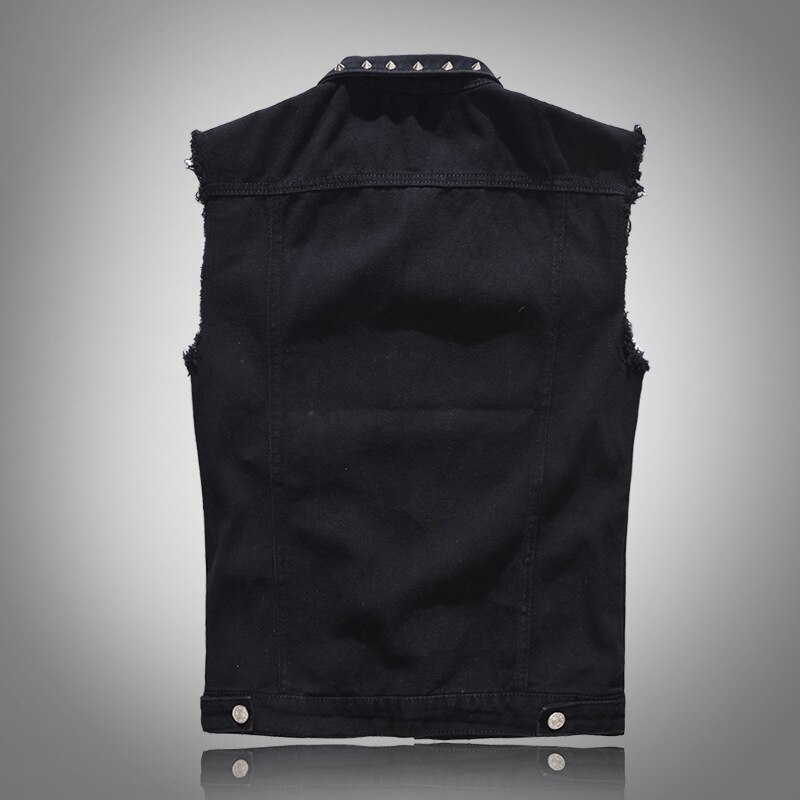 Menns ermeløs denimjakke svart med nitte jakkelomme enkeltspent kul personlighet vest