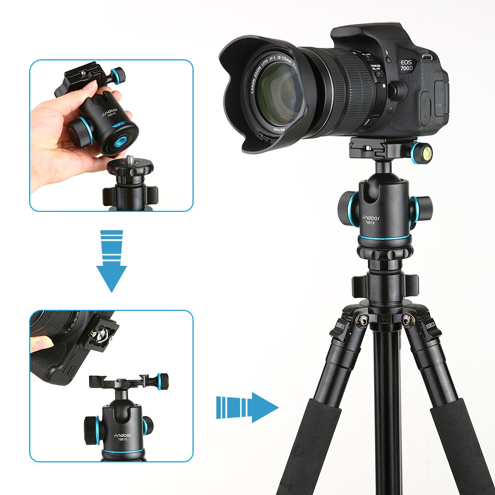 Andoer TB81X Statief Bal Hoofd Roterende Panoramisch Balhoofd voor Monopod Slider DSLR Camera met 3 stks Srew Adapter en 2 stks Plaat