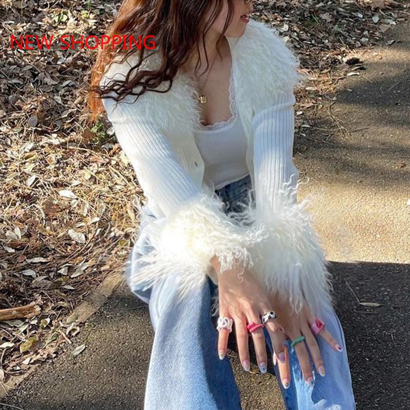 Winter 2022 Fur Collar and Cuffs Cropped Cardigan Sweaters Women Fairy Single Breasted Y2K Fairycore Jacket
