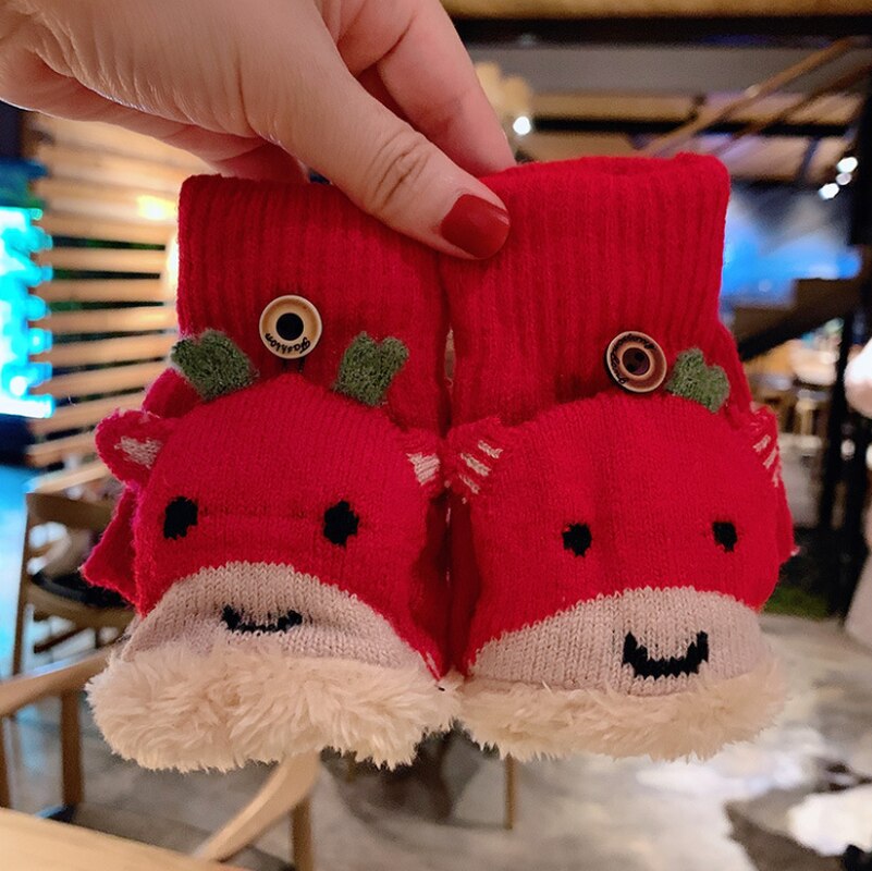 Childrens Winter Half-Vinger Handschoenen Leuke Cartoon Verdikte Plus Fluwelen Warmte Student Clamshell Gebreide Handschoenen