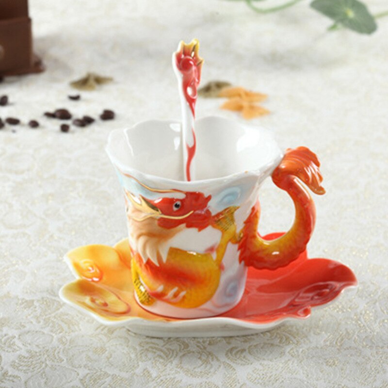 Enamel Porcelain Dragon Phoenix Coffee Cup Dragon Mug Tableware Set