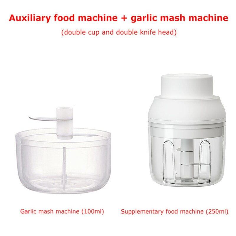 Portable Mini Electric Food Chopper Fruit Vegetables Tools USB Meat Crusher Meat Grinder Chopper Garlic Cutter Garlic Masher: double cup white