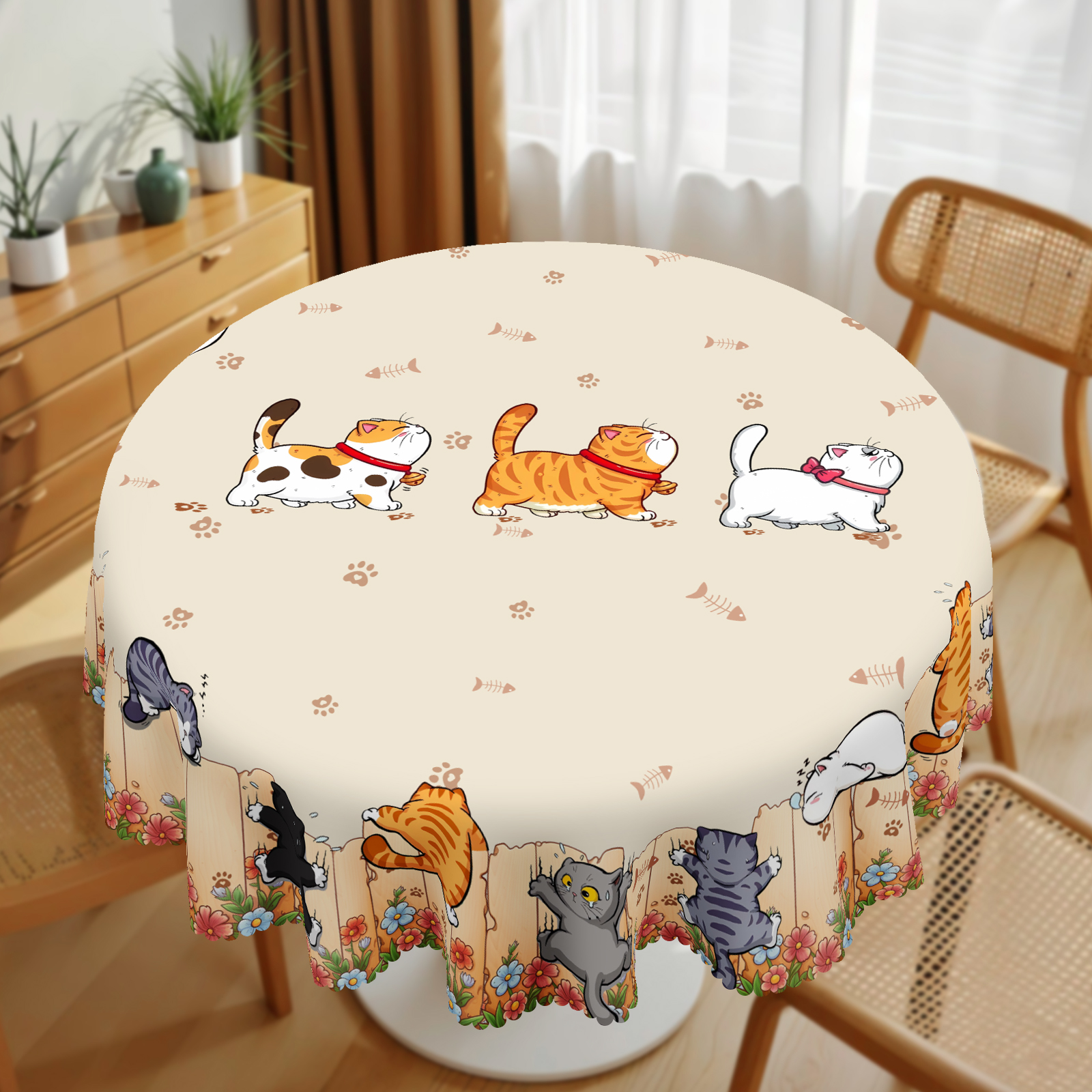 1 Piece, Cute Wall-Climbing Cat Theme Pattern Tablecloth + 4 Self-Adhesive Stickers, Floral Fence and Cat Print Pattern, Embossed Edges, Suitable for Home Kitchen, Living Room Dining Table, Balcony Coffee Table, Party Table Decoration Tablecloth, Outdoor Picnic Courtyard Decoration, Coffee Table Desktop Decoration Tablecloth Table Cover, Perfect , Spring, Summer, Autumn and Winter Decoration-M027