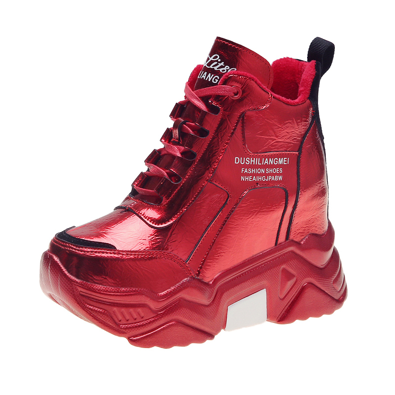 Woman Height Increasing Boots Mujer Ladies Metal Silver Chunky Platform Sneakers Women Winter Warm Super High Heels Casual Shoes