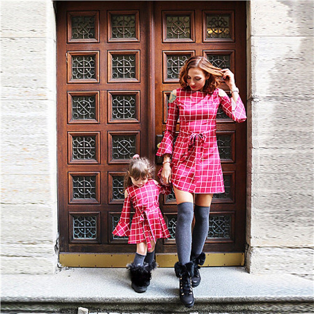 Familie kjole mor og datter matchende røde plaid kjoler mor børn piger damer tøj tøj kjoler s -xl 3-8 år