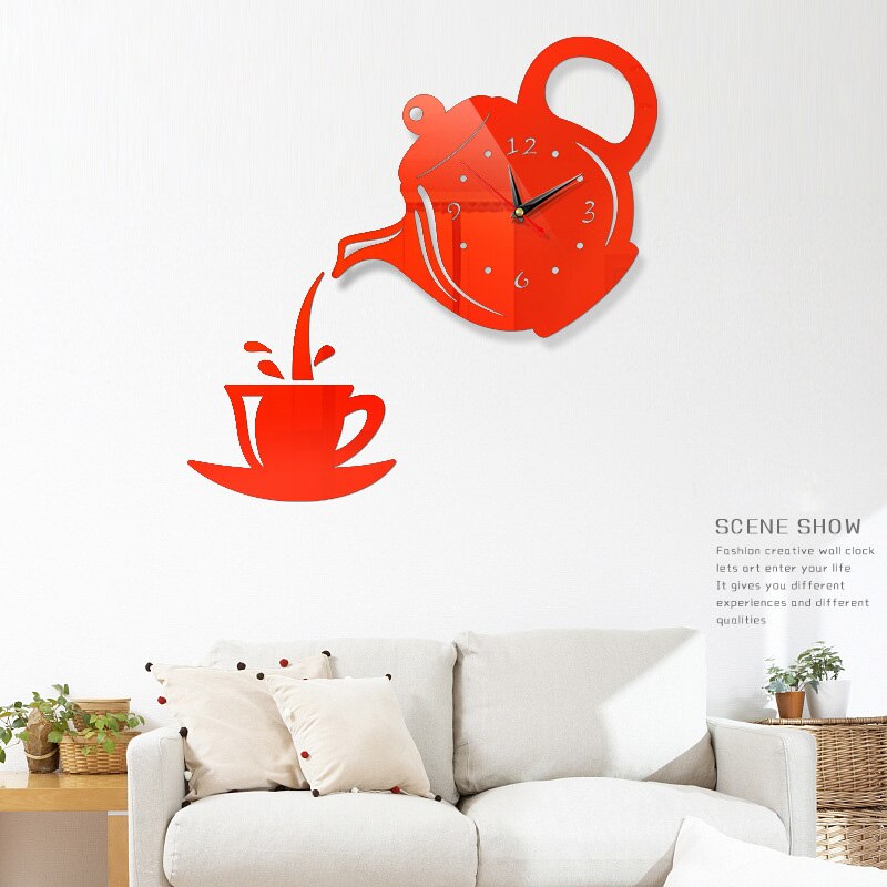 DIY Acrylic Coffee Cup Teapot 3D DIY Wall Clock Decorative Kitchen Wall Clocks Living Room Dining Room Home Decor Clock: red